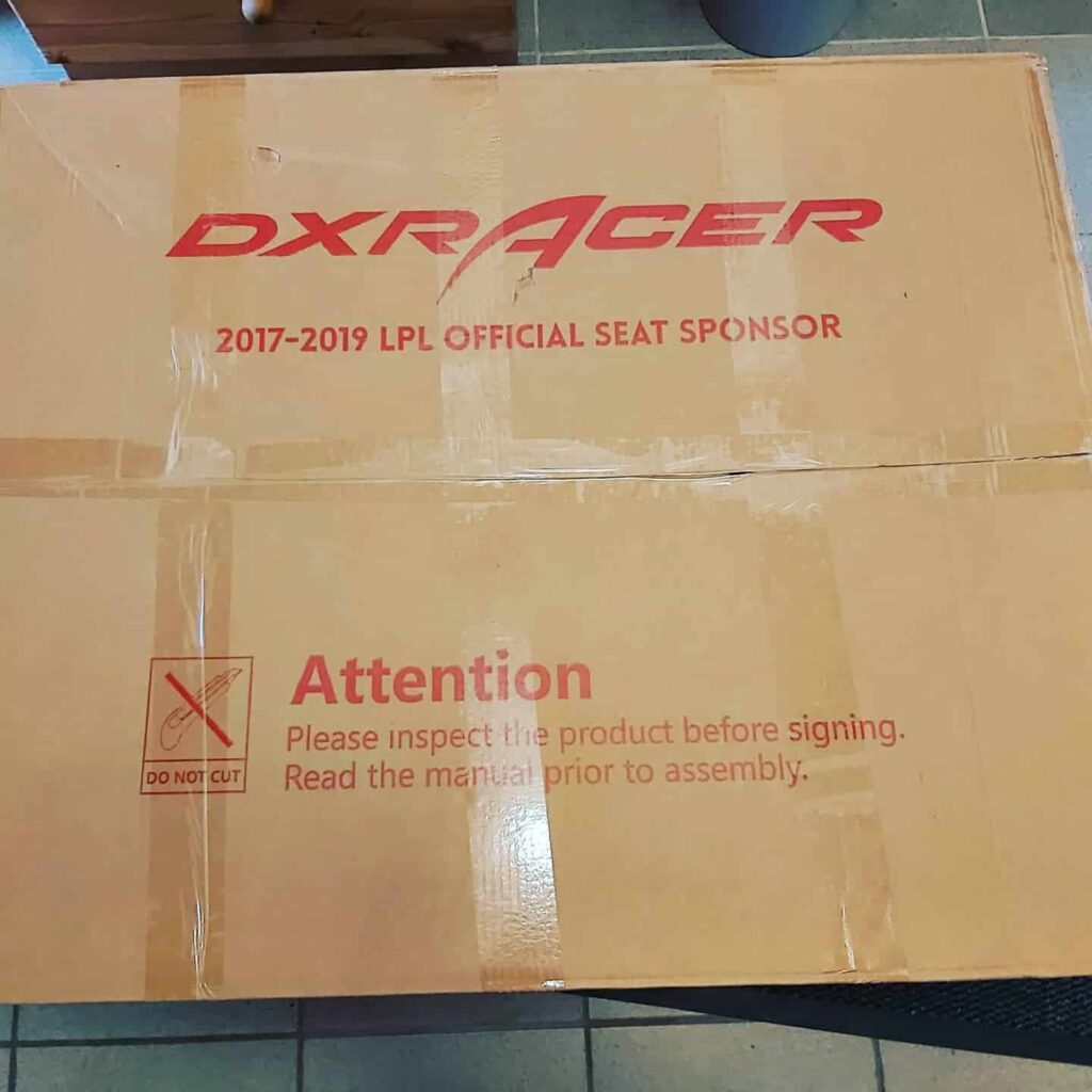 view of dxracer gaming chair unboxing purchased package arrival home